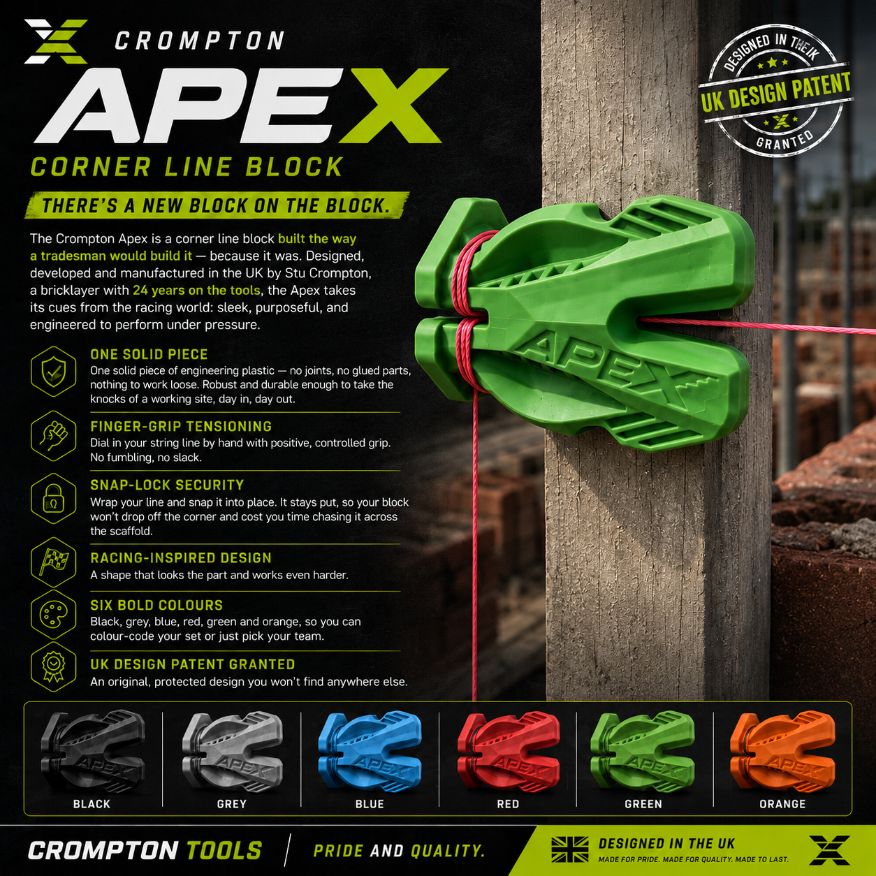 Crompton Apex Corner Block — Racing-Inspired Line Block for Bricklayers | UK Designed & Patented | 6 Colours | Pair