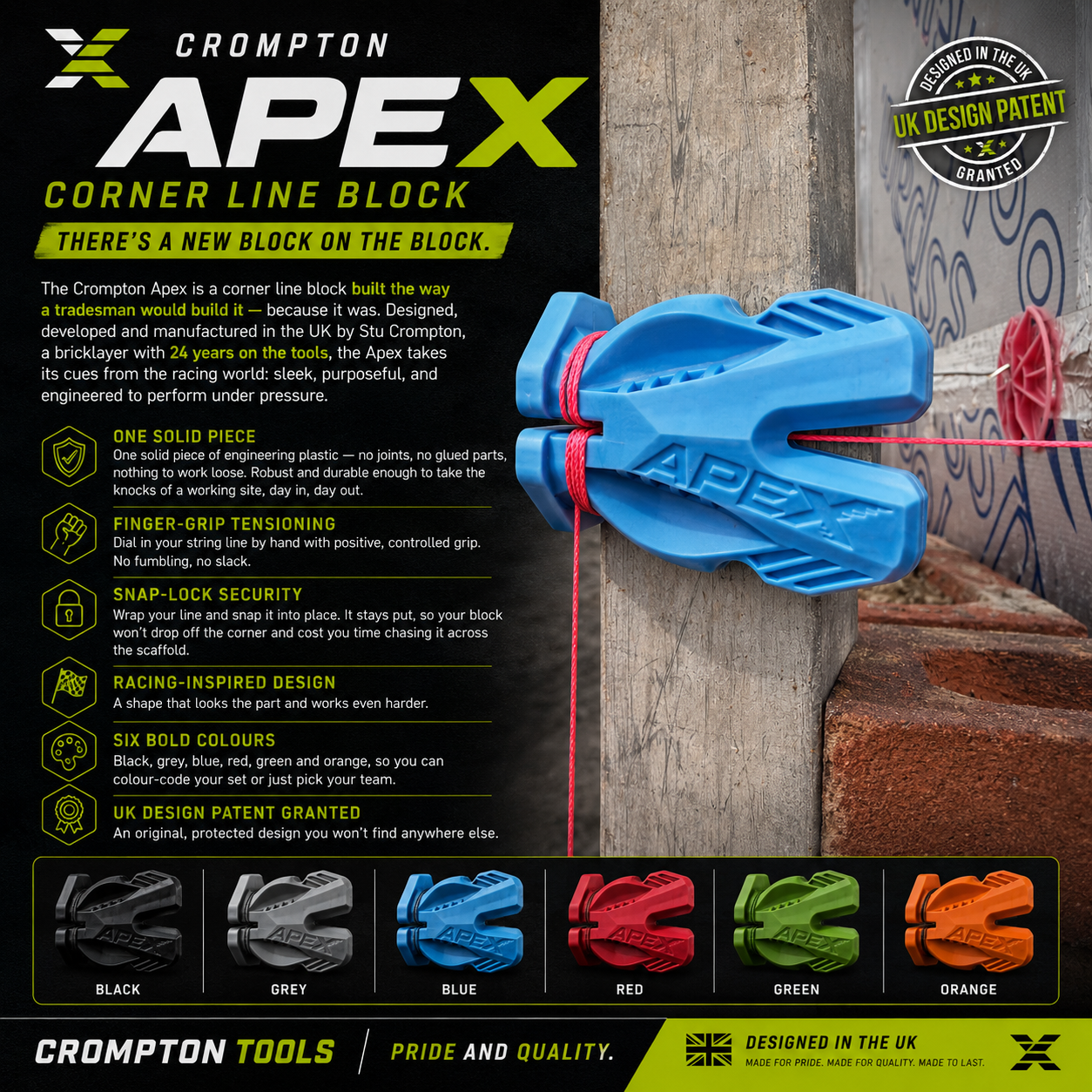 Crompton Apex Corner Block — Racing-Inspired Line Block for Bricklayers | UK Designed & Patented | 6 Colours | Pair