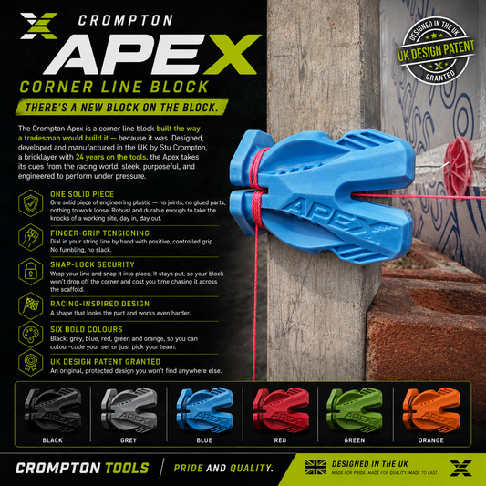 Crompton Apex Corner Block — Racing-Inspired Line Block for Bricklayers | UK Designed & Patented | 6 Colours | Pair