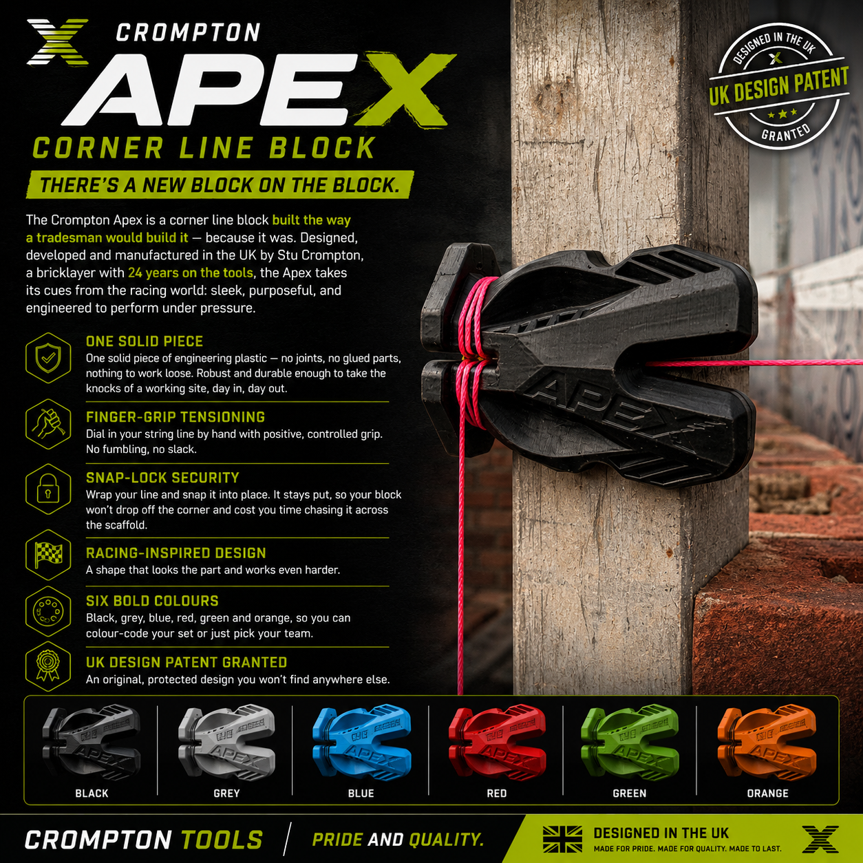 Crompton Apex Corner Block — Racing-Inspired Line Block for Bricklayers | UK Designed & Patented | 6 Colours | Pair