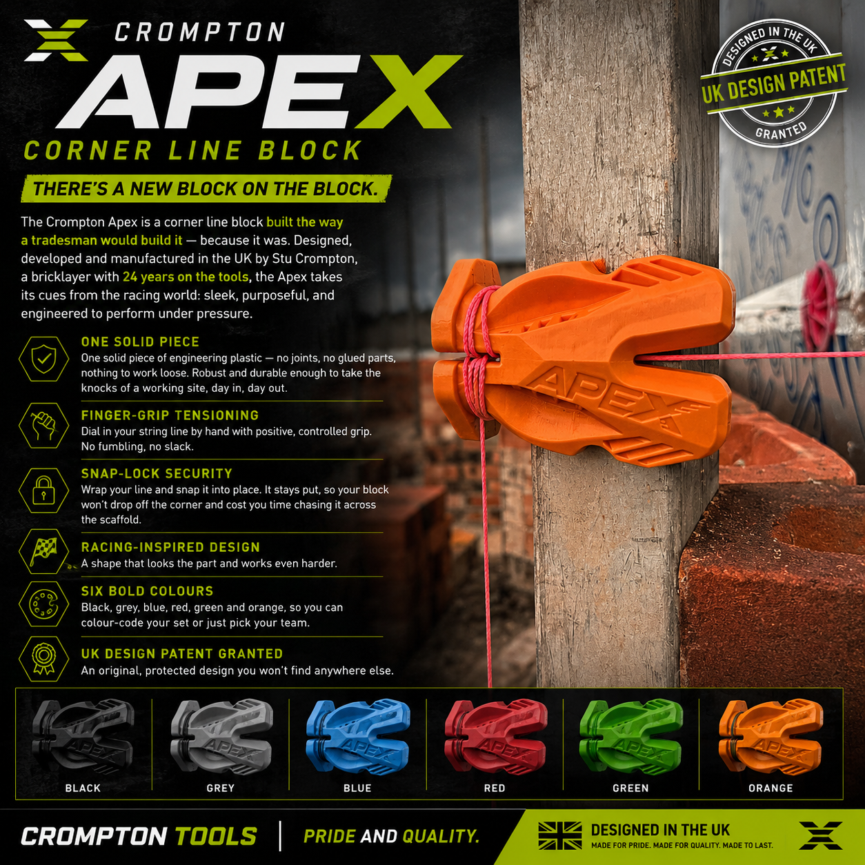 Crompton Apex Corner Block — Racing-Inspired Line Block for Bricklayers | UK Designed & Patented | 6 Colours | Pair