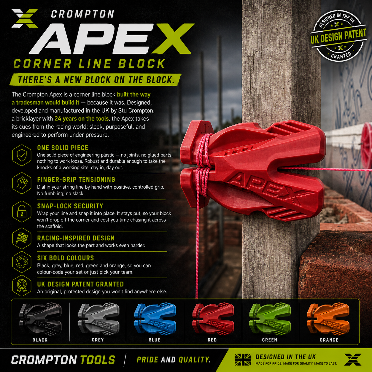 Crompton Apex Corner Block — Racing-Inspired Line Block for Bricklayers | UK Designed & Patented | 6 Colours | Pair