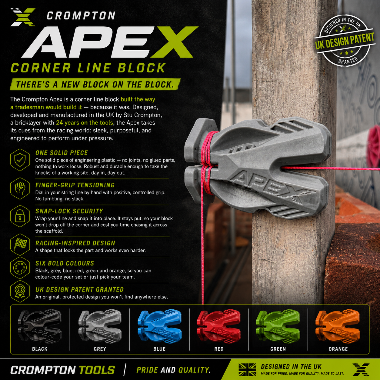 Crompton Apex Corner Block — Racing-Inspired Line Block for Bricklayers | UK Designed & Patented | 6 Colours | Pair